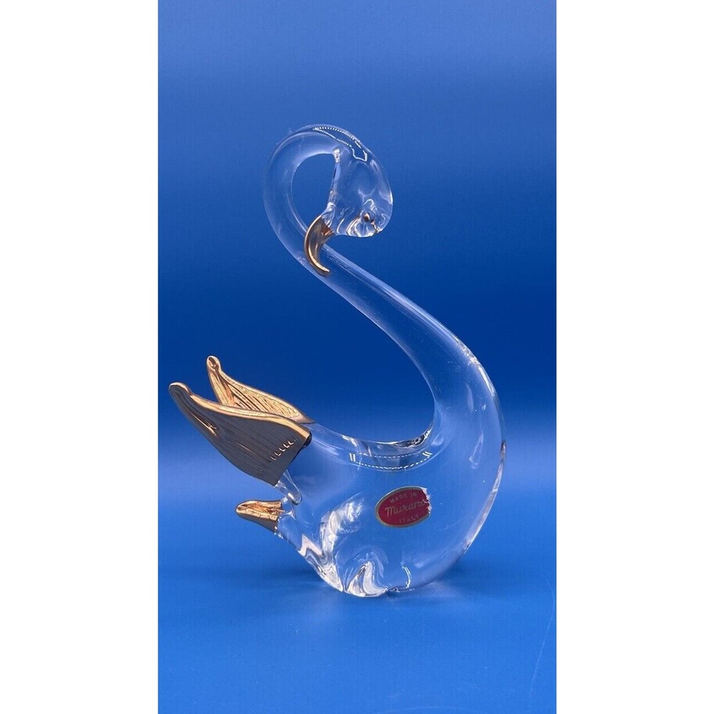 Vtg MURANO ART GLASS Bird FLAPPING SWAN Clear GOLD Accents w Original Sticker!